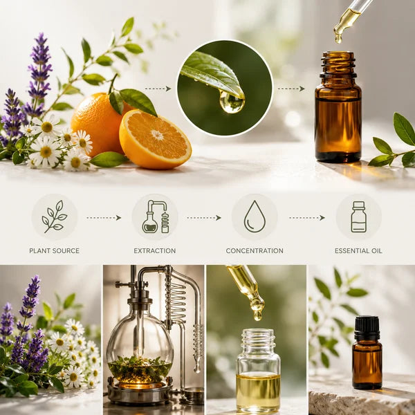 Fresh lavender flowers with essential oil bottle, showing the plant source of essential oils